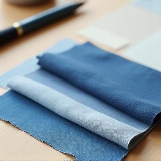 Collection of blue and grey fabric swatches on a designer's table for custom bedding design